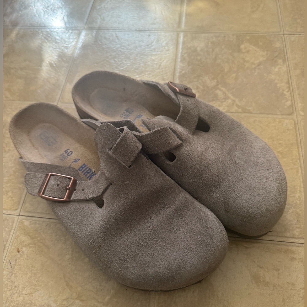 Birkenstock Taupe Suede Clogs with Copper Buckle